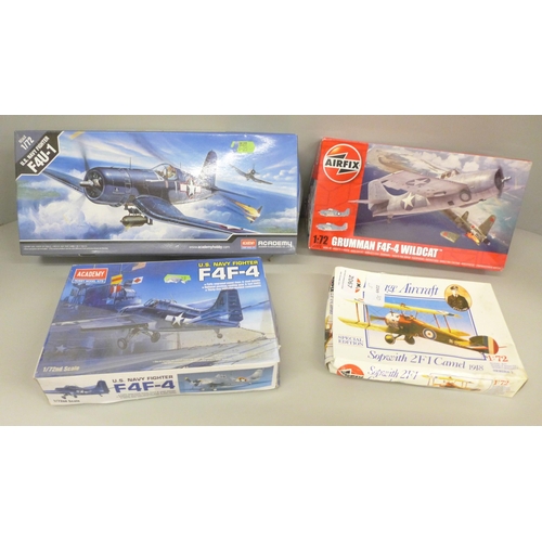 2067 - Two Airfix sets, Sopwith 2F1 Camel 1918, and Grummah F4F-4 Wildcat, and two Academy models - Nav Fig... 