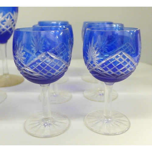 2078 - Bohemian blue cut glass decanters and glasses, one lacking stopper **PLEASE NOTE THIS LOT IS NOT ELI... 