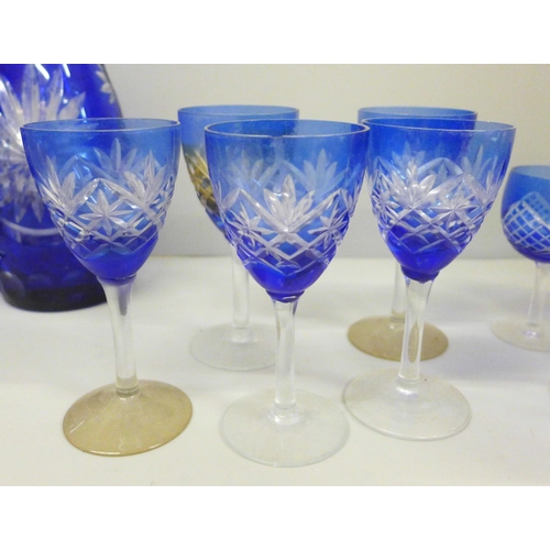 2078 - Bohemian blue cut glass decanters and glasses, one lacking stopper **PLEASE NOTE THIS LOT IS NOT ELI... 