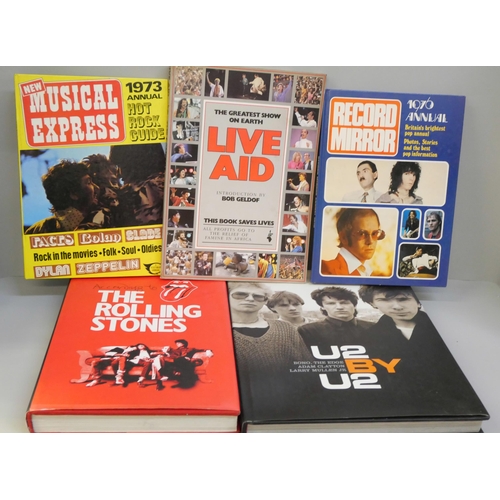 2130 - Various music books including NME Annuals 1973 and 1976, Live Aid and U2