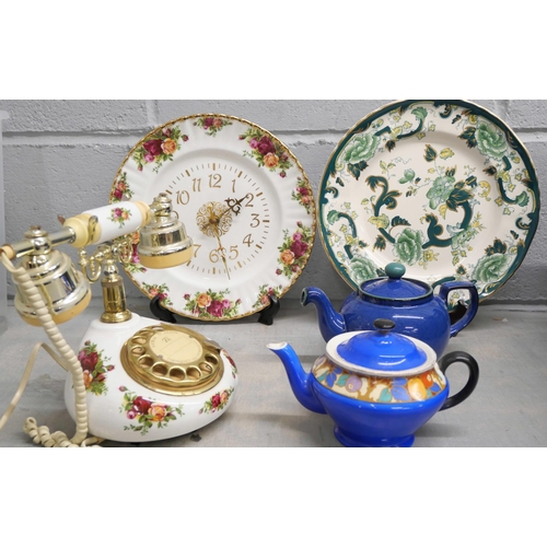 2279 - A Royal Albert Old Country Roses wall clock and telephone, a Mason's plate and two tea pots includin... 