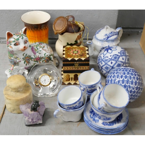 2288 - Pottery including Chinese style, a decorated cat, salt and pepper pots, a vase, jug, cheese paperwei... 