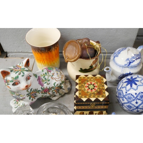 2288 - Pottery including Chinese style, a decorated cat, salt and pepper pots, a vase, jug, cheese paperwei... 