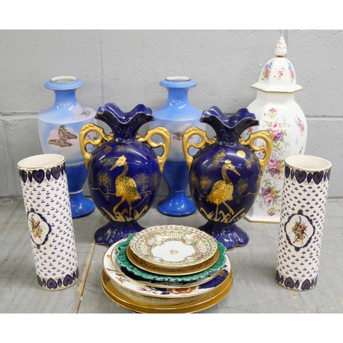 2292 - A Lynton vase with cover, two pairs of unmarked vases and a pair of cobalt and gilt vases and decora... 