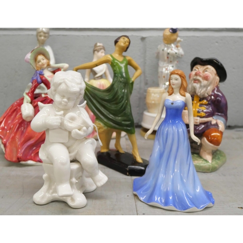 2294 - A collection of figures including Royal Doulton, Art Deco and a musical clown (8)