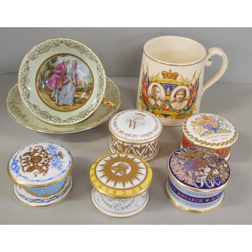 2299 - A collection of Royal commemorative china including mugs and trinket pots, other china including Roy... 