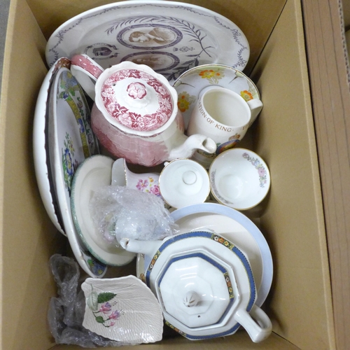 2318 - Three boxes of assorted china, glass, stoneware hot water bottles, Hornsea **PLEASE NOTE THIS LOT IS... 