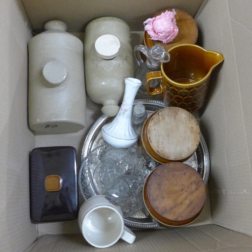 2318 - Three boxes of assorted china, glass, stoneware hot water bottles, Hornsea **PLEASE NOTE THIS LOT IS... 