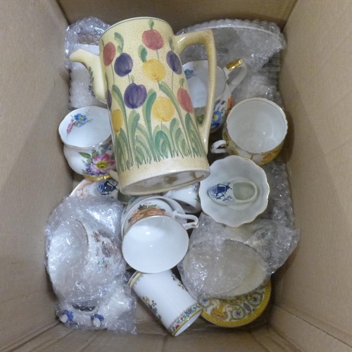 2318 - Three boxes of assorted china, glass, stoneware hot water bottles, Hornsea **PLEASE NOTE THIS LOT IS... 