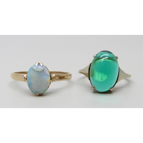 7010 - A 9ct gold and opal ring and a yellow metal and green stone ring, 2.9g, L and F/G, opal a/f