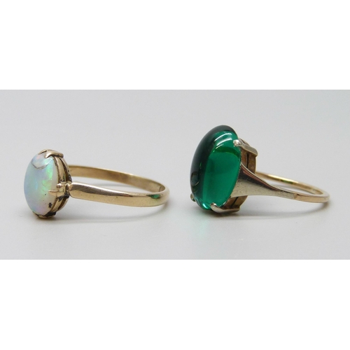 7010 - A 9ct gold and opal ring and a yellow metal and green stone ring, 2.9g, L and F/G, opal a/f