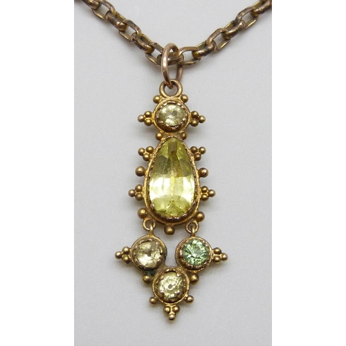 7011 - A Georgian yellow metal stone set drop pendant on a 9ct gold chain, 9.4g, chain 40cm