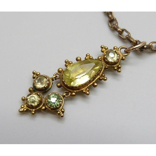 7011 - A Georgian yellow metal stone set drop pendant on a 9ct gold chain, 9.4g, chain 40cm