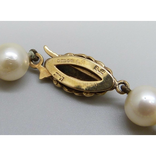 7017 - A string of cultured pearls with a 9ct gold clasp