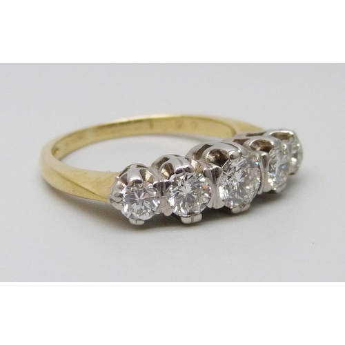 7034 - An 18ct gold, five stone diamond ring, diamond weight 1.22 carat, (stamped to band), G-H colour, SI1... 