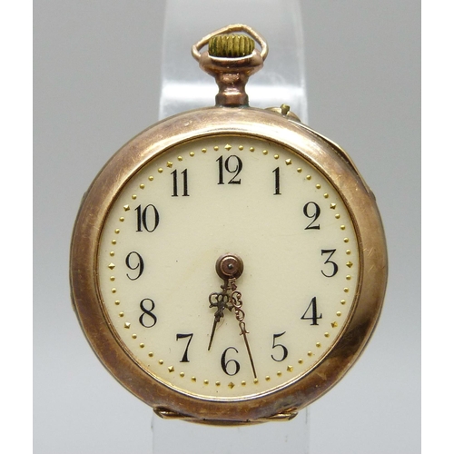 7044 - A 14ct gold fob watch, lacking glass, 18.1g total weight, 28mm diameter