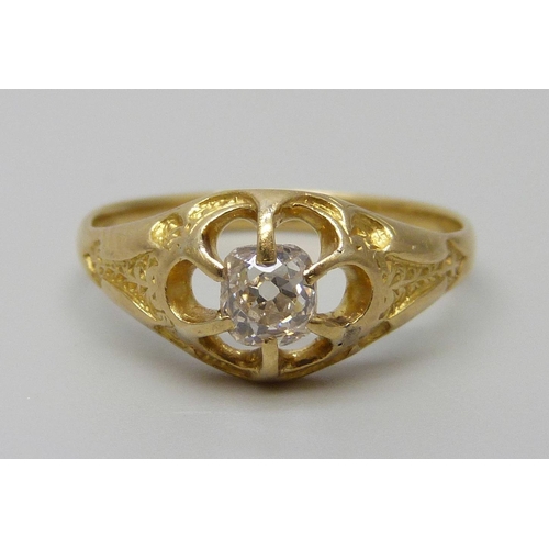 7083A - A Victorian 18ct yellow gold solitaire old cut diamond ring, 2.9g, L