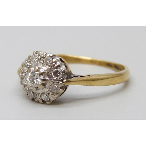 7097 - An 18ct gold diamond cluster ring, 3g, O