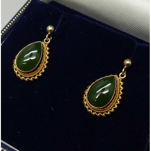 7098 - A pair of 9ct gold and nephrite earrings, boxed