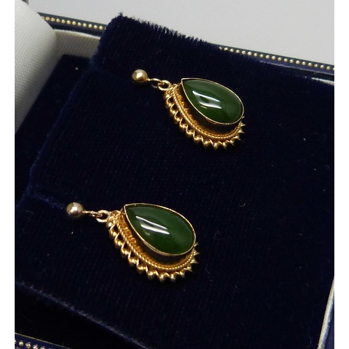 7098 - A pair of 9ct gold and nephrite earrings, boxed