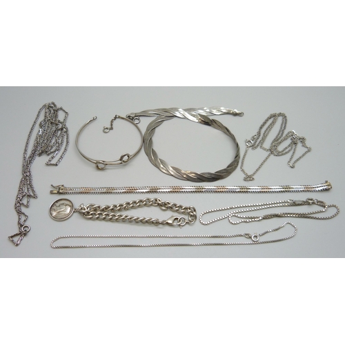 7146 - A collection of silver and white metal jewellery and a plated snake chain plait necklace, 70g