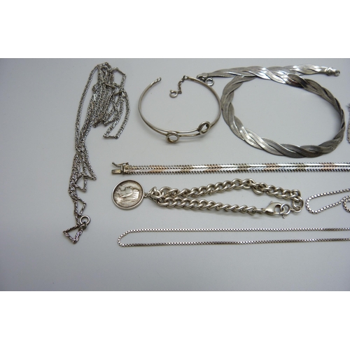7146 - A collection of silver and white metal jewellery and a plated snake chain plait necklace, 70g
