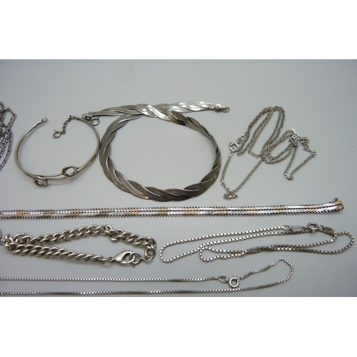 7146 - A collection of silver and white metal jewellery and a plated snake chain plait necklace, 70g