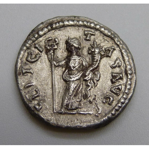 7239 - Coins; Caracalla silver Denarius (198-217AD) bust of Caracalla draped, reverse-FELICITAS AVG Felicit... 