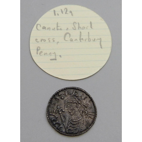 7241 - Coins; CNUT silver penny, Canterbury Mint Moneyer Dinred, rev-short voided cross with pellet and ann... 