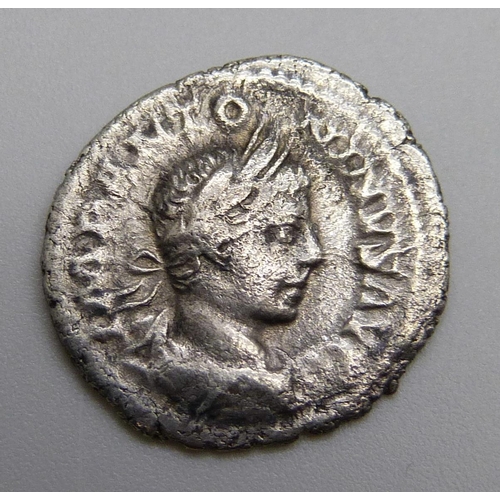 7243 - Coins; Elagabalus silver Denarius (219 AD Rome) Impantoninvs Avg Draped Bust, Reverse; PMTRPIICOSIIP... 