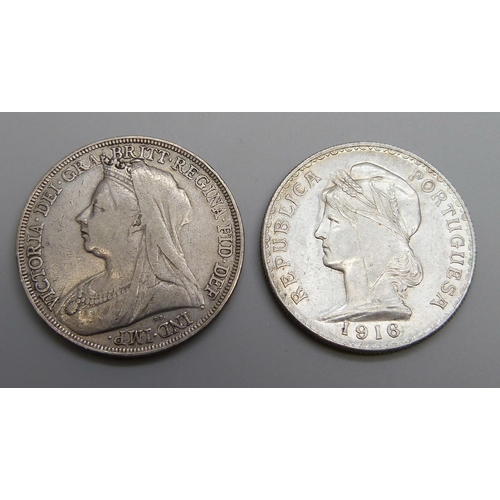 7245 - Coins; 1916 Portuguese silver 1 Escudo (EF) and an 1895 silver Victorian crown