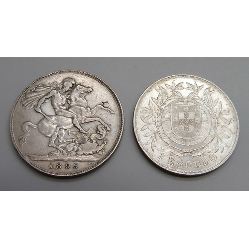 7245 - Coins; 1916 Portuguese silver 1 Escudo (EF) and an 1895 silver Victorian crown