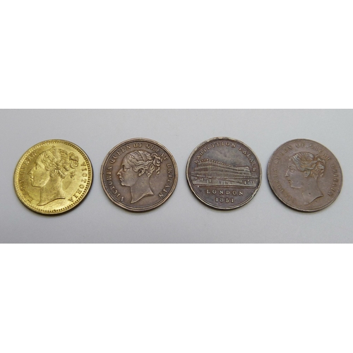 7246 - Coins; three 19th Century farthing tokens, together with high grade Hanover brass token