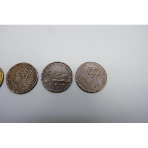 7246 - Coins; three 19th Century farthing tokens, together with high grade Hanover brass token