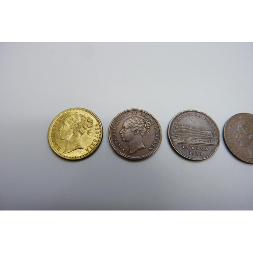 7246 - Coins; three 19th Century farthing tokens, together with high grade Hanover brass token