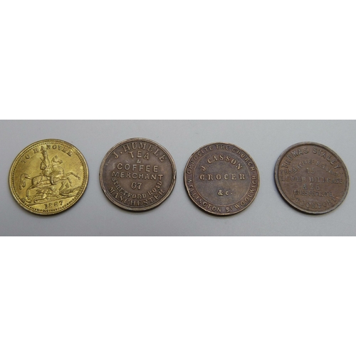 7246 - Coins; three 19th Century farthing tokens, together with high grade Hanover brass token