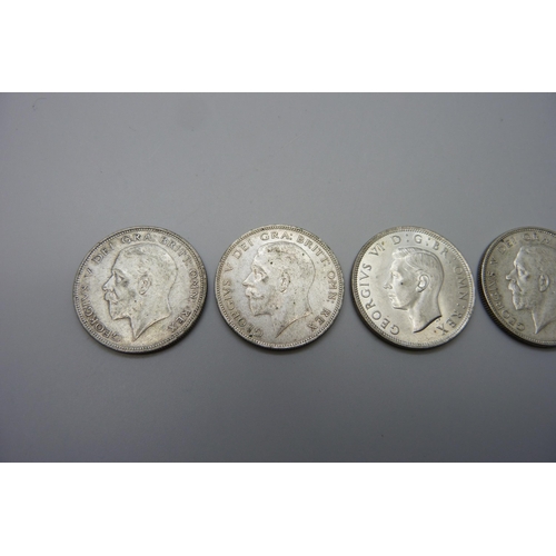 7250 - Coins; five silver half crowns includes 'Key Date' 1930