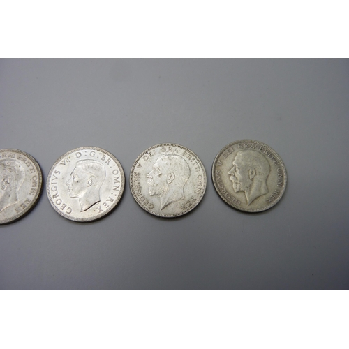 7250 - Coins; five silver half crowns includes 'Key Date' 1930