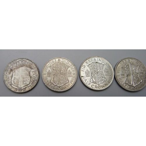 7250 - Coins; five silver half crowns includes 'Key Date' 1930