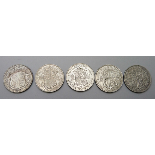 7250 - Coins; five silver half crowns includes 'Key Date' 1930