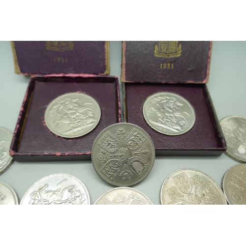 7251 - Coins; five 1951 Crowns, (2 boxed), five 1953 Crowns and a 1960 Crown