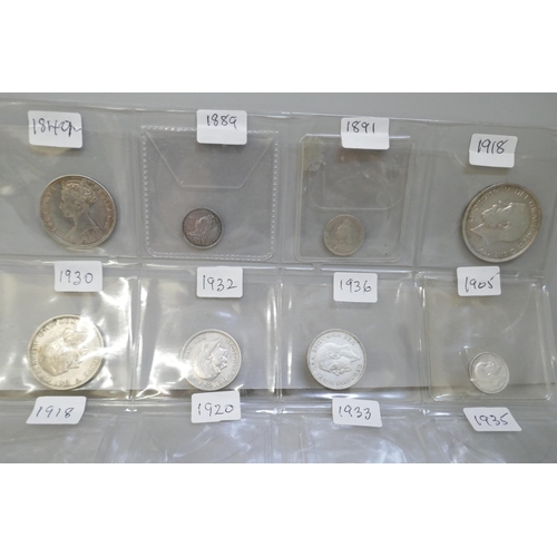 7252 - Coins; a collection of Great Britain silver coins, including; 1849 florin, 1918 half crown, 1930 flo... 