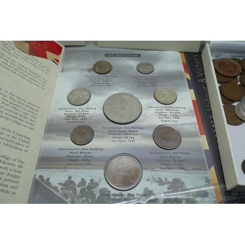 7256 - A D-Day 1944 commemorative set of circulated coins which includes The Churchill Crown issued in 1965... 