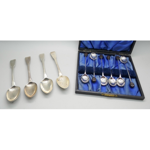 7274 - A cased set of six plated coffee bean spoons and four Georgian silver spoons, 76g