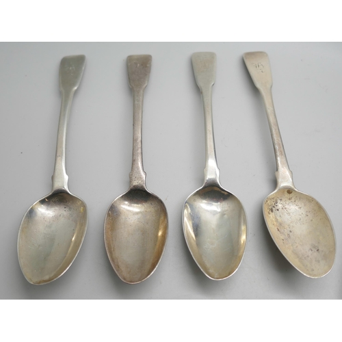 7274 - A cased set of six plated coffee bean spoons and four Georgian silver spoons, 76g