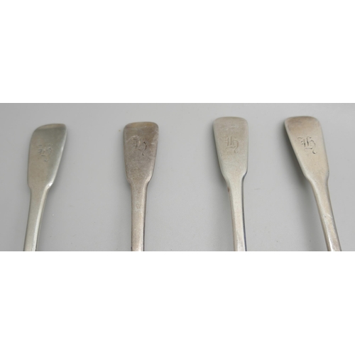 7274 - A cased set of six plated coffee bean spoons and four Georgian silver spoons, 76g