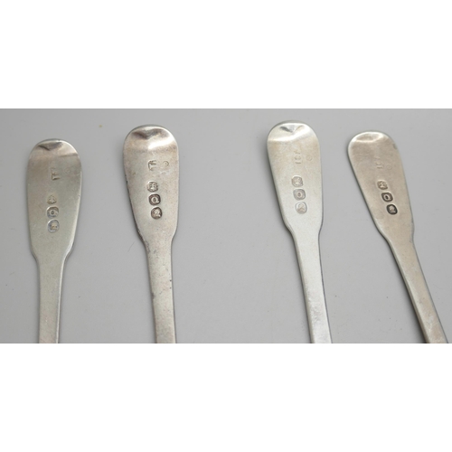 7274 - A cased set of six plated coffee bean spoons and four Georgian silver spoons, 76g