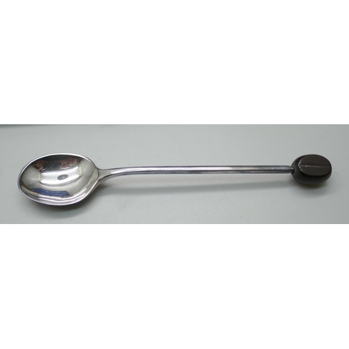 7274 - A cased set of six plated coffee bean spoons and four Georgian silver spoons, 76g