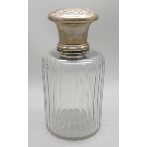 7278 - A large French silver topped perfume bottle, glass dabber/stopper, 14.5cm