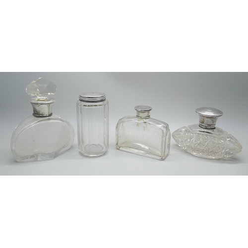 7288 - Two silver mounted Art Deco scent bottles, Birmingham 1929 and London 1923, one other scent bottle a... 